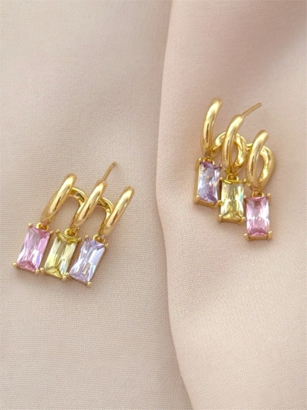 14K Gold Plated Triple Hoop Earrings Real Crystal Stones Waterproof Dainty